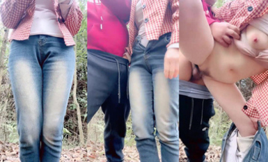 騷貨與炮友在樹林中激情啪啪啪站立著無套後入狂操一頓